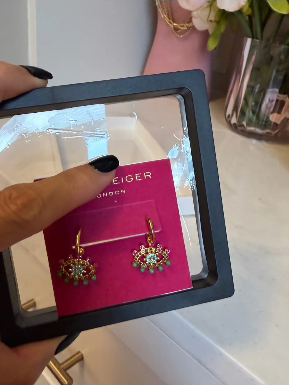 Kurt Geiger NWT evil eye 🧿 Gold-Tone Hoop Earrings with Pink and Green Charms
